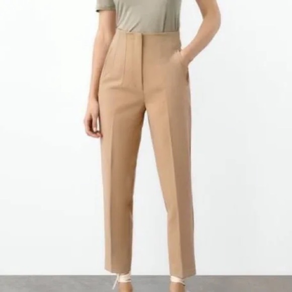 Zara High Waisted Darted Front Dark Tan Trouser Pants - Picture 2 of 8